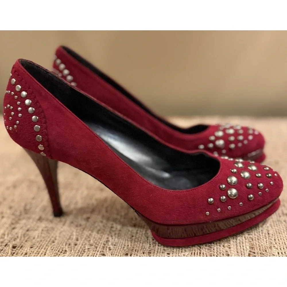 Stuart Weitzman Marse Suede Pump Platform Round Toe Slim Heel Stud Scarlet Red 8